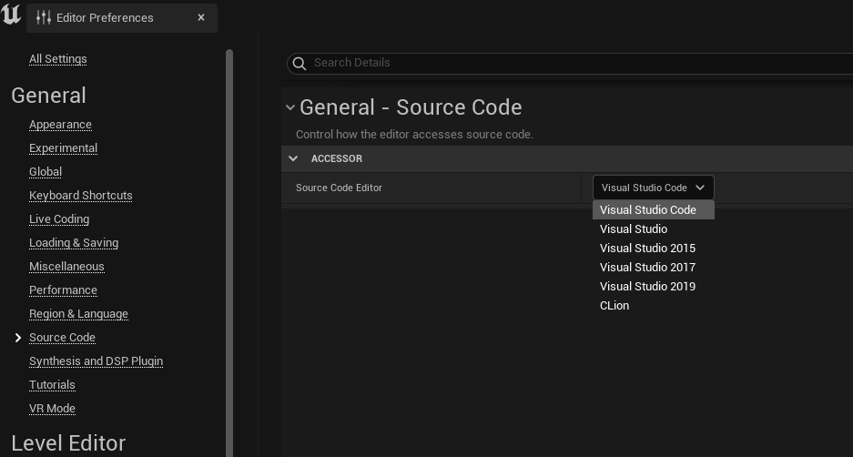 Selecting code editor in drop down